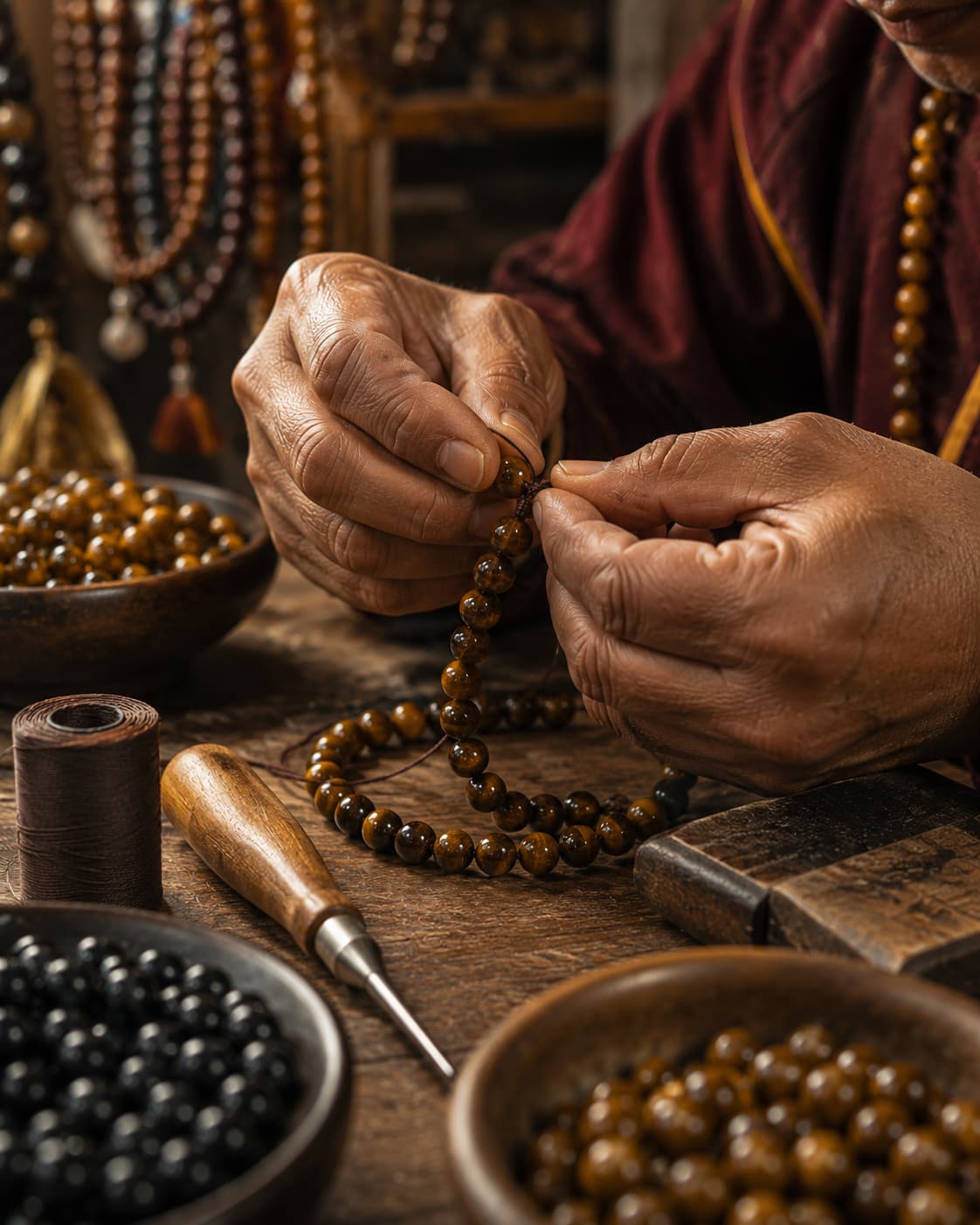 Hand Knotting Each Mala